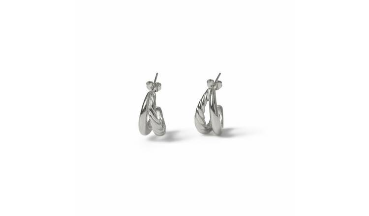 Freedom Silver Tone Stainless Steel Double Hoop Earrings