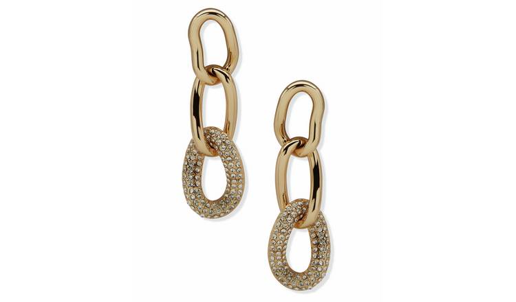 DKNY Gold Tone Pave Link Linear Drop Earrings