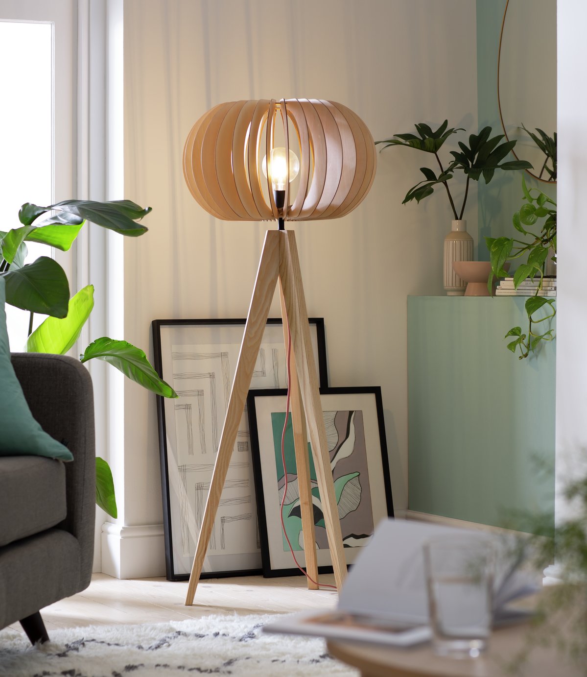 Habitat Achille Ash Wooden Tripod Floor Lamp - Oak