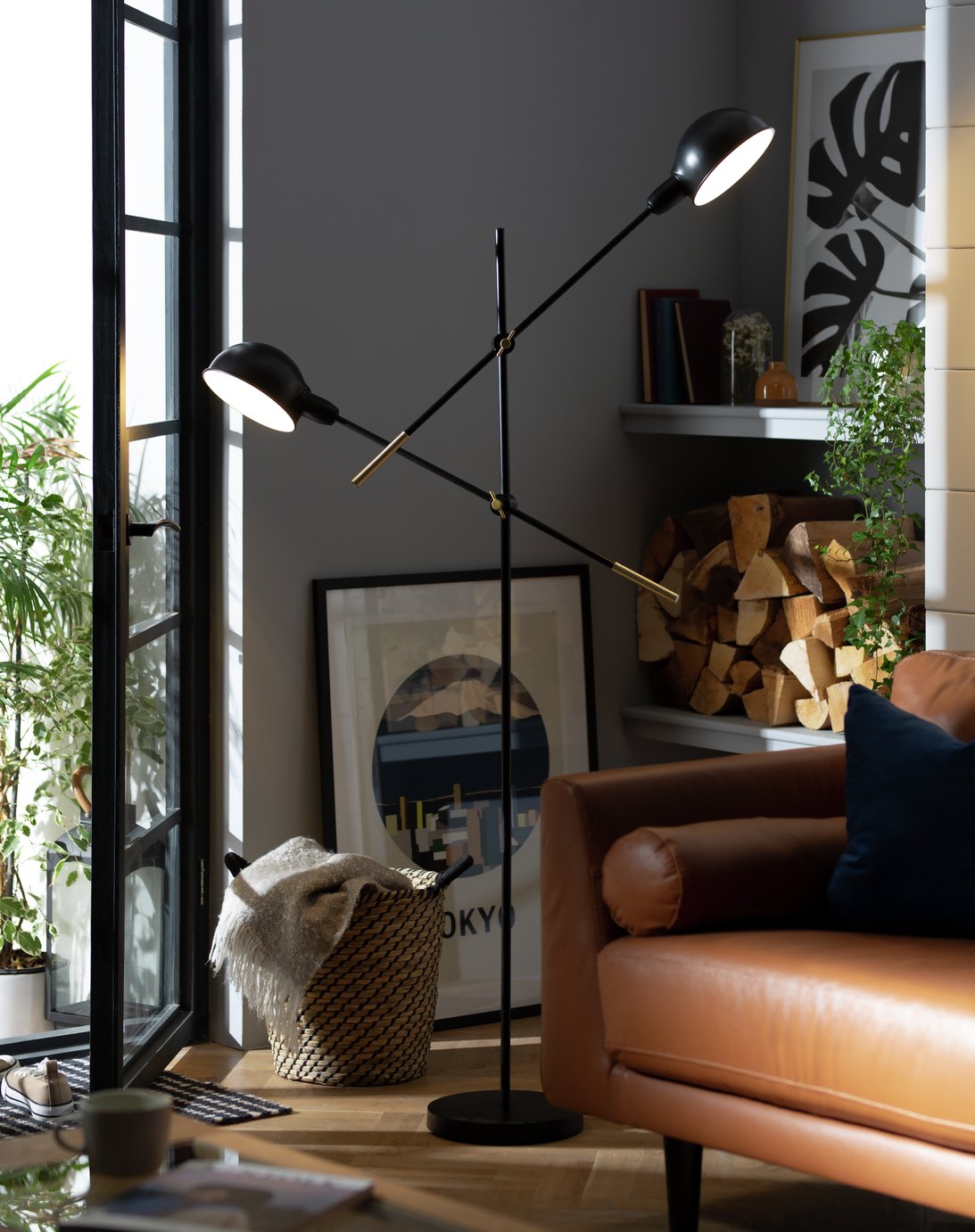 Habitat Jalonee Double Arm  Floor Lamp - Black & Brass