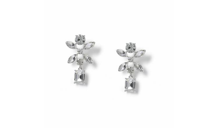 Freedom Silver Tone Floral Crystal Drop Earrings