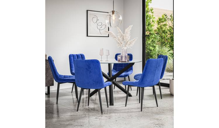 Furniture Online Malvern Nova Glass Top Dining Table & 6 Blue Chairs