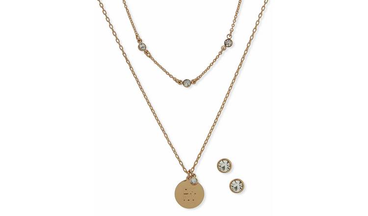 DKNY Gold Tone Logo Crystal Earrings and Pendant Set