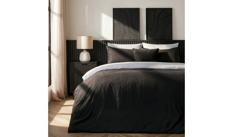 OHS Plain Dyed Reversible Duvet Cover Set White/Black - Single