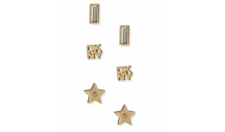 DKNY Gold Tone Pave Logo Charm Earrings - Pack of 3