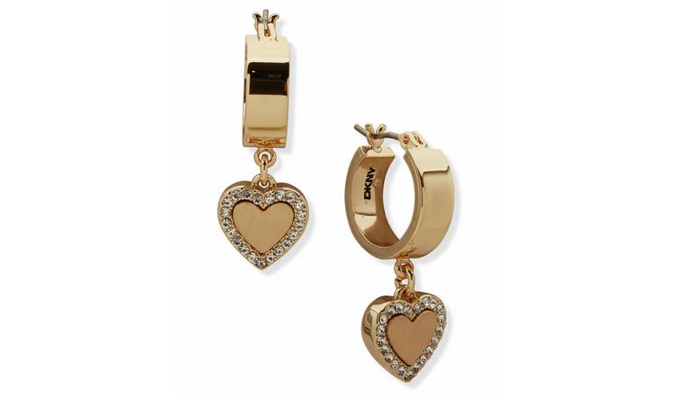 DKNY Gold Tone Pave Heart Drop Hoop Earrings