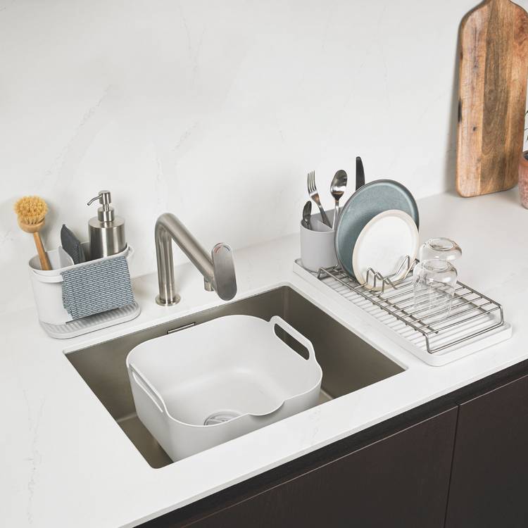 ReBorn 3 Piece Sink Tidy Washing Up Bowl and Compact Draining Rack - Stone 0