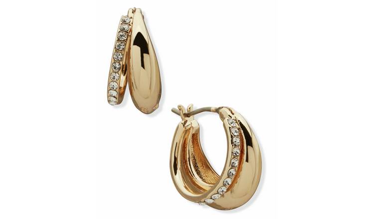 DKNY Gold Tone Pave Puffy Split Hoop Earrings