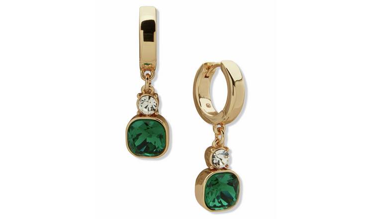 DKNY Gold Tone Emerald Cushion Stone Drop Earrings