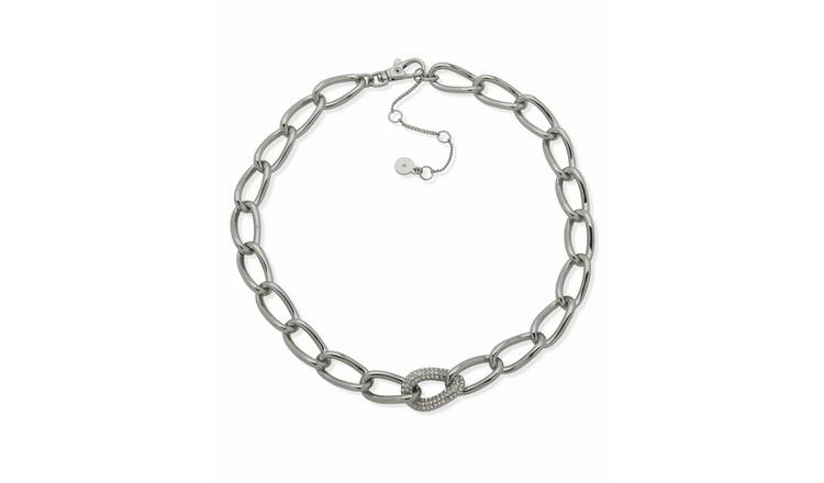 DKNY Silver Tone Pave Crystal Link Collar Necklace