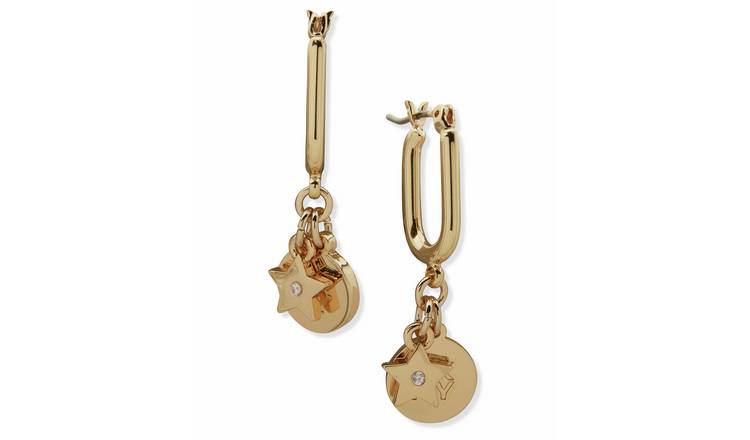 DKNY Gold Tone Pave Logo Charm Drop Earrings