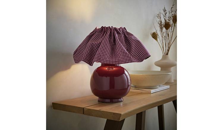 ValueLights Arabella Ceramic Gingham Table Lamp - Burgundy
