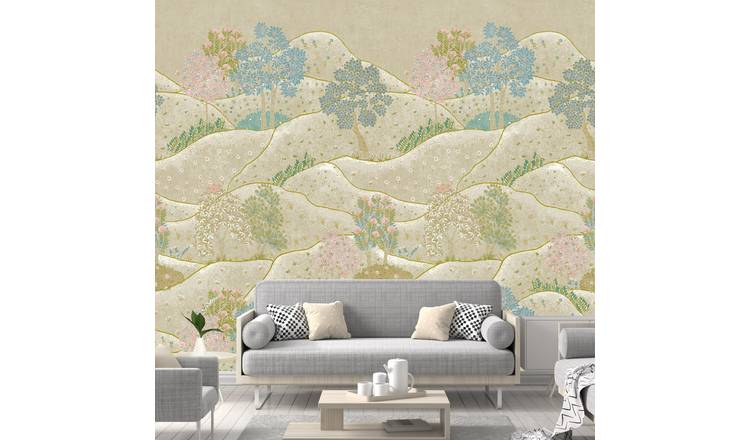 Grandeco Whimsy Landscape 3 Lane Repeatable wallpaper Mural  - Green