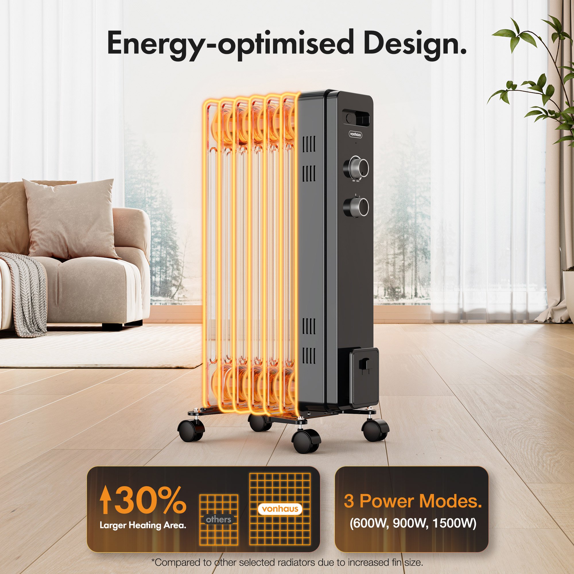 VonHaus Oil Filled Radiator 7 Fins Portable Electric Heater - Black - Image 2