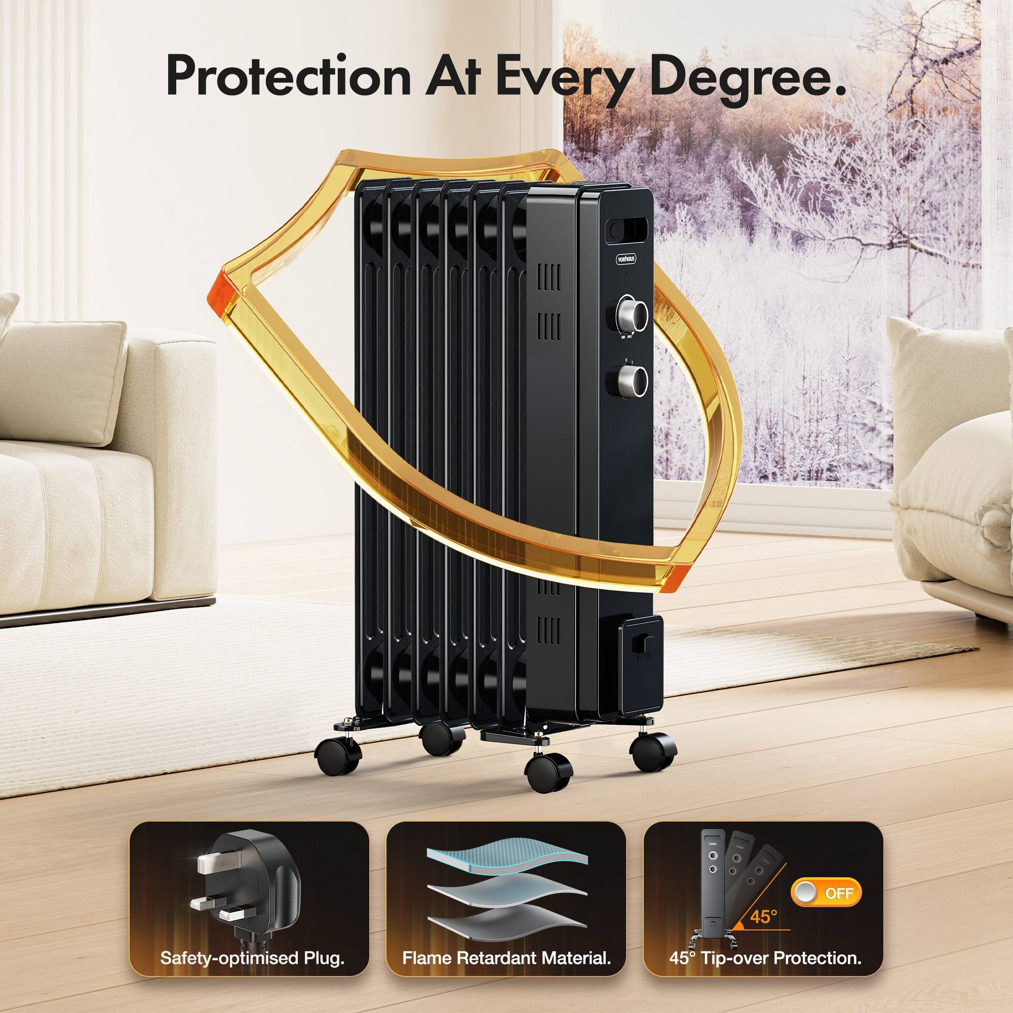 VonHaus Oil Filled Radiator 7 Fins Portable Electric Heater - Black - Image 4