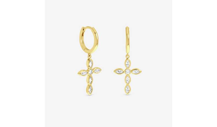 Inicio Gold Plated Bezel Cross Charm Drop Earrings