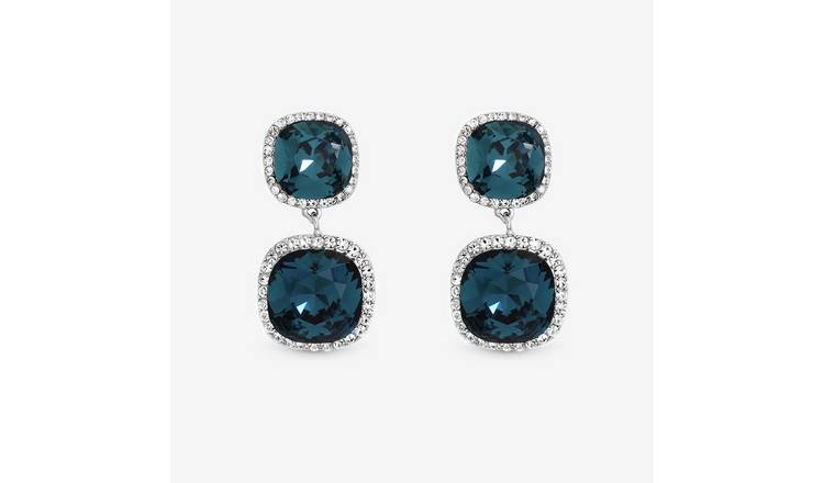 Jon Richard Rhodium Plated Sapphire Double Drop Halo Earrings
