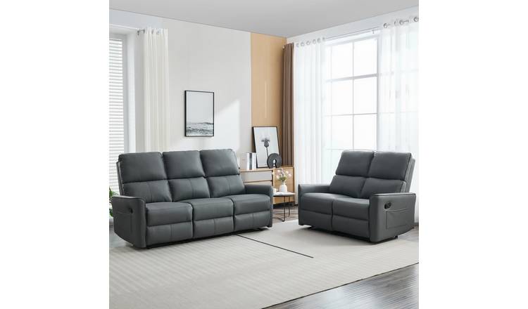 Furniture Online Madrid Manual Recliner Faux Leather 2+3 Seater Sofa Set - Grey