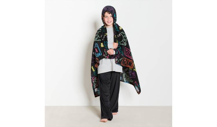 OHS Gaming Print Hooded Blanket Throw 100 x 125cm - Black
