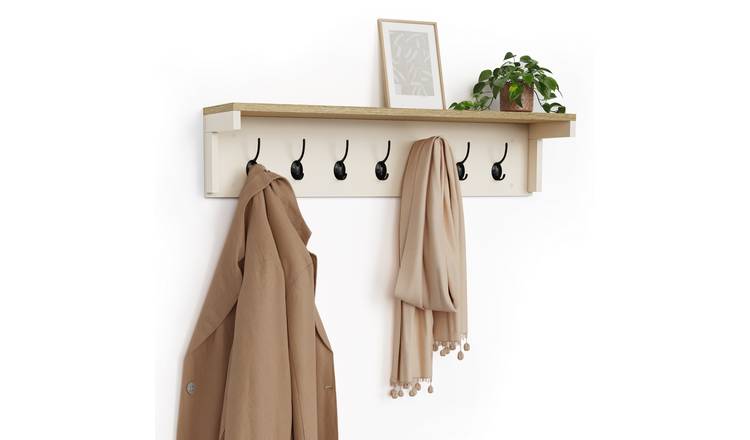 Vonhaus Ash Hall Coat Hooks and Shelf Wall Mounted - Cream