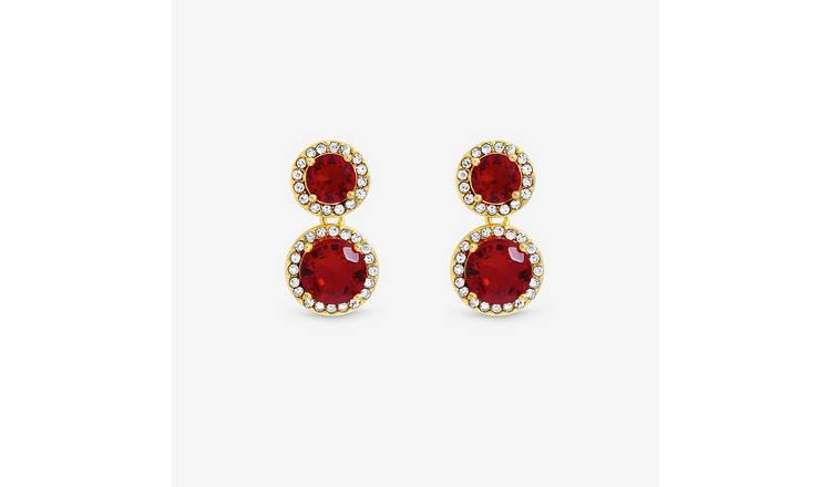 Jon Richard Gold Plated Cubic Zirconia Ruby Double Halo Drop Earrings