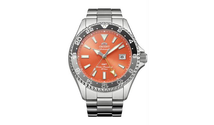 Orient Mako GMT Orange Dial Men's Silver Stainless Steel Bracelet Watch