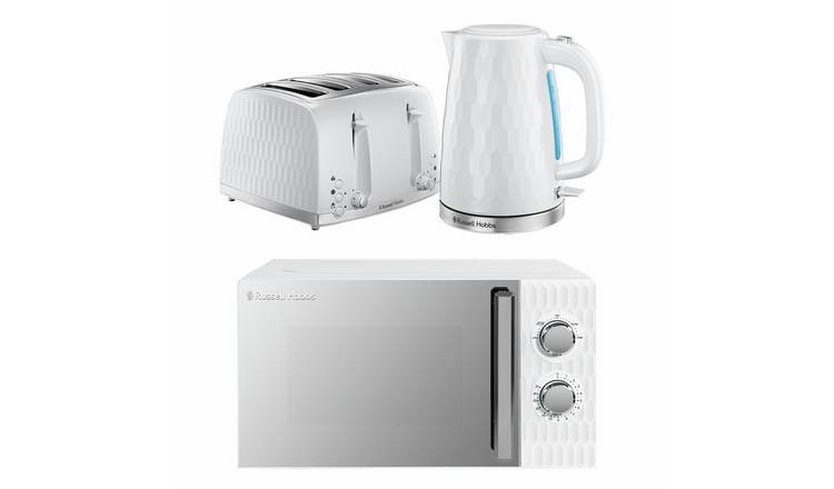 Russell Hobbs Honeycomb Bundle Kettle, 4 Slice Toaster & Microwave - White