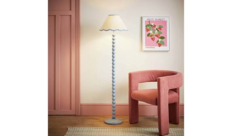 ValueLights Bobbin Floor Lamp with Blue Trim Scallop Shade - Soft Blue
