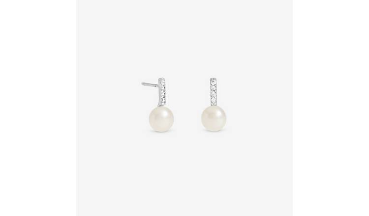 Simply Silver 925 Sterling Silver Pearl Bar Stud Earrings