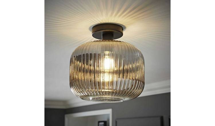 ValueLights Calpe Large Ribbed Smoked Glass Ceiling Light - Black
