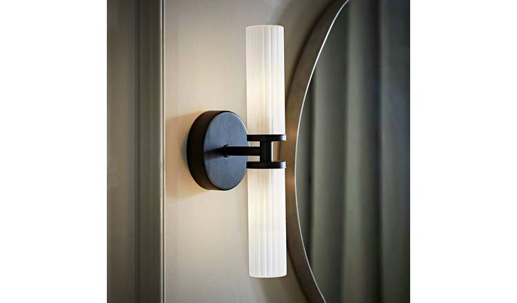 ValueLights Canya IP44 2-Way Black Wall Light With Reeded Glass Shade - Black