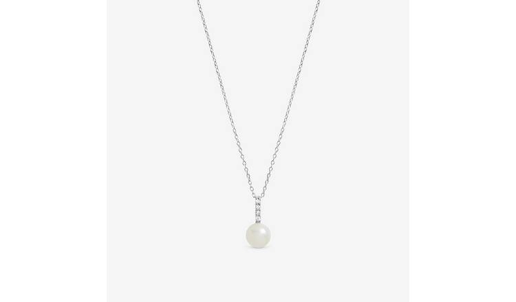 Simply Silver 925 Sterling Silver Cubic Zirconia Bar Pearl Pendant Necklace
