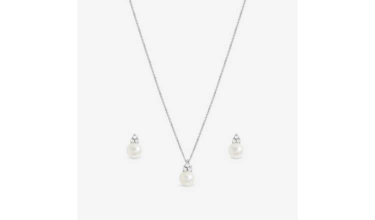 Simply Silver 925 Sterling Silver Freshwater Pearl Necklace And Earring Set