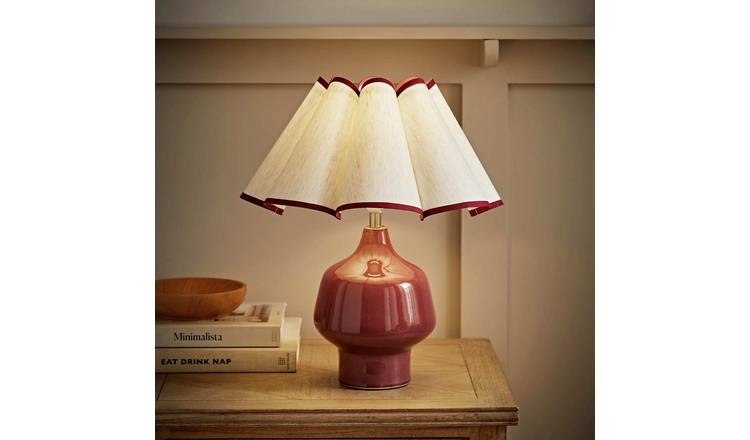 ValueLights Jamie Ceramic Table Lamp With Scallop Trim Shade - Burgundy