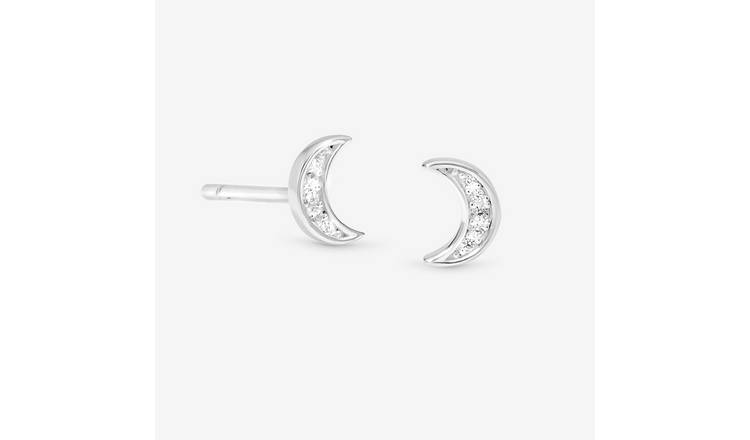 Simply Silver 925 Sterling Silver Mini Pave Crescent Stud Earrings