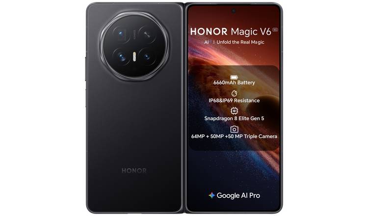 SIM Free HONOR Magic V6 5G 512GB AI Mobile Phone - Black