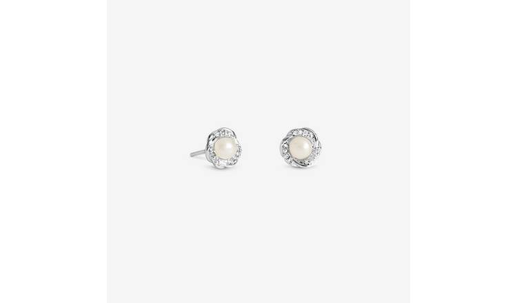 Simply Silver 925 Silver Cubic Zirconia Pearl Halo Twist Stud Earrings