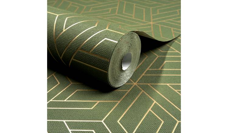 Grandeco Cobra Geometric Pattern Metallic Blown Vinyl Wallpaper - Green