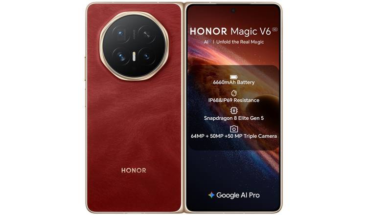 SIM Free HONOR Magic V6 5G 512GB AI Mobile Phone - Red
