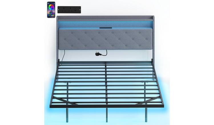 HOMCOM 5FT King Floating Bed Frame with Lights and Charging Station - Grey