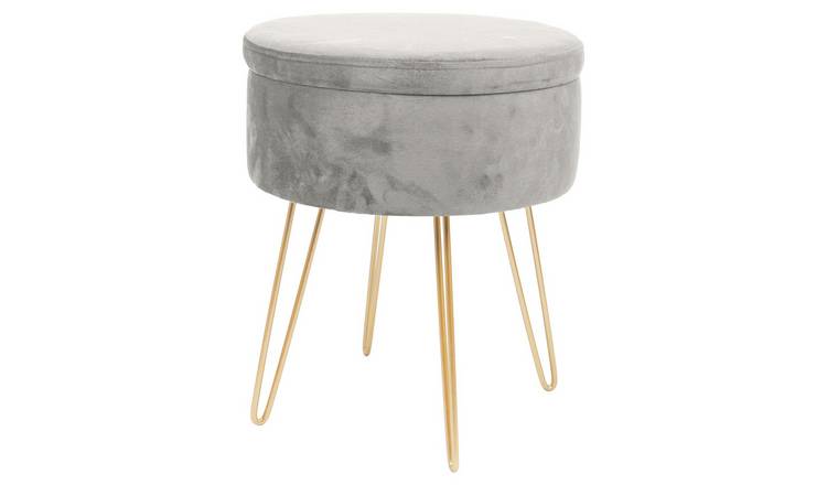 Harbour Housewares Round Velvet Storage Footstool - H45 x D36cm - Grey/Gold