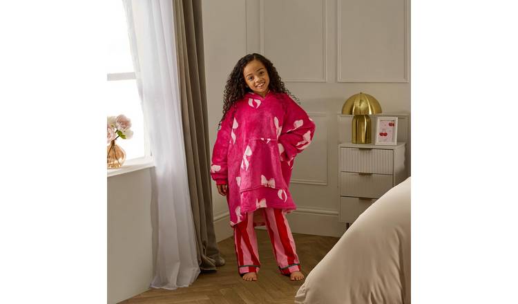 OHS Kids Bow Print Hoodie Blanket - One Size - Hot Pink