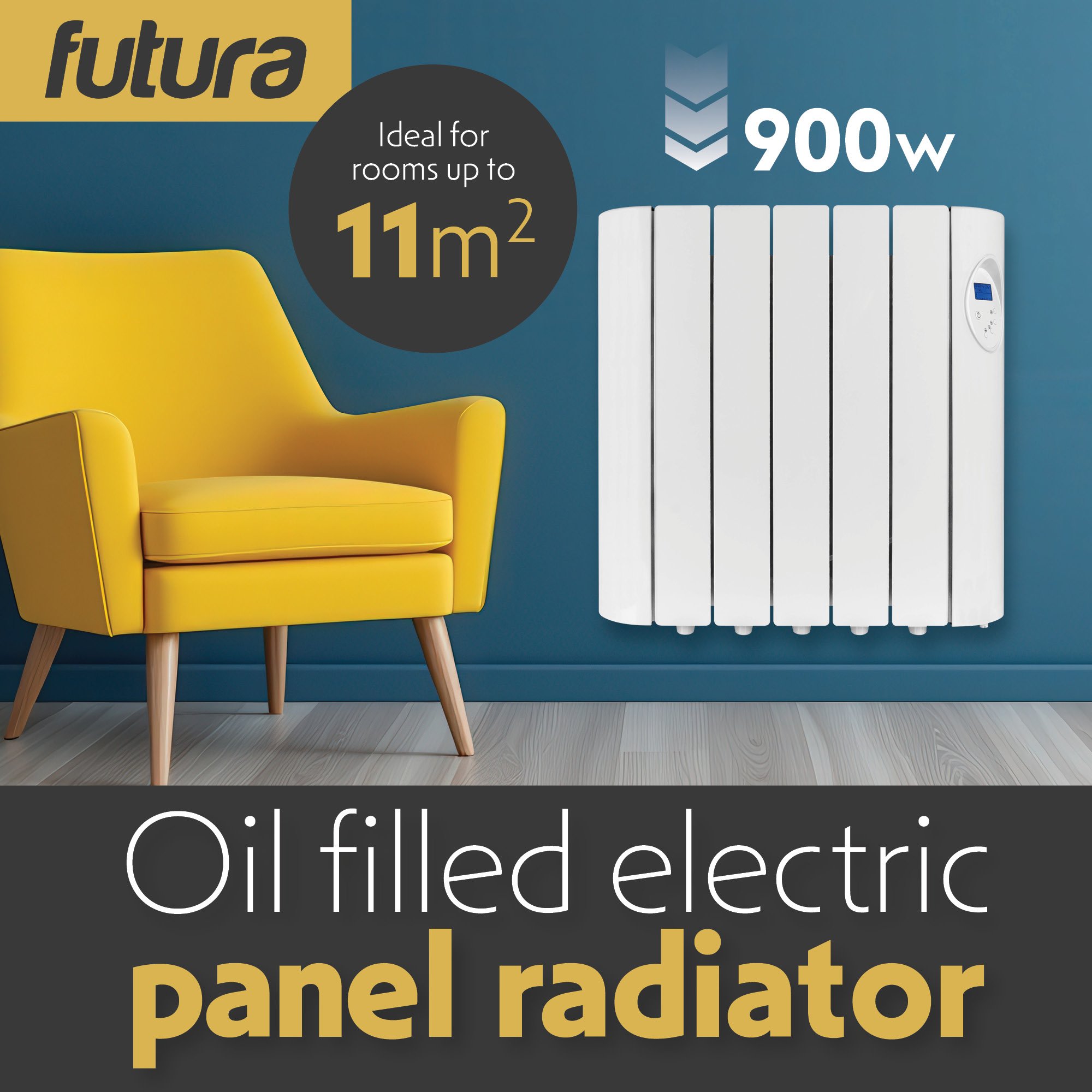 Futura 900W Wall Mounted Oil-Filled Electric Radiator 57cm - White - Image 2