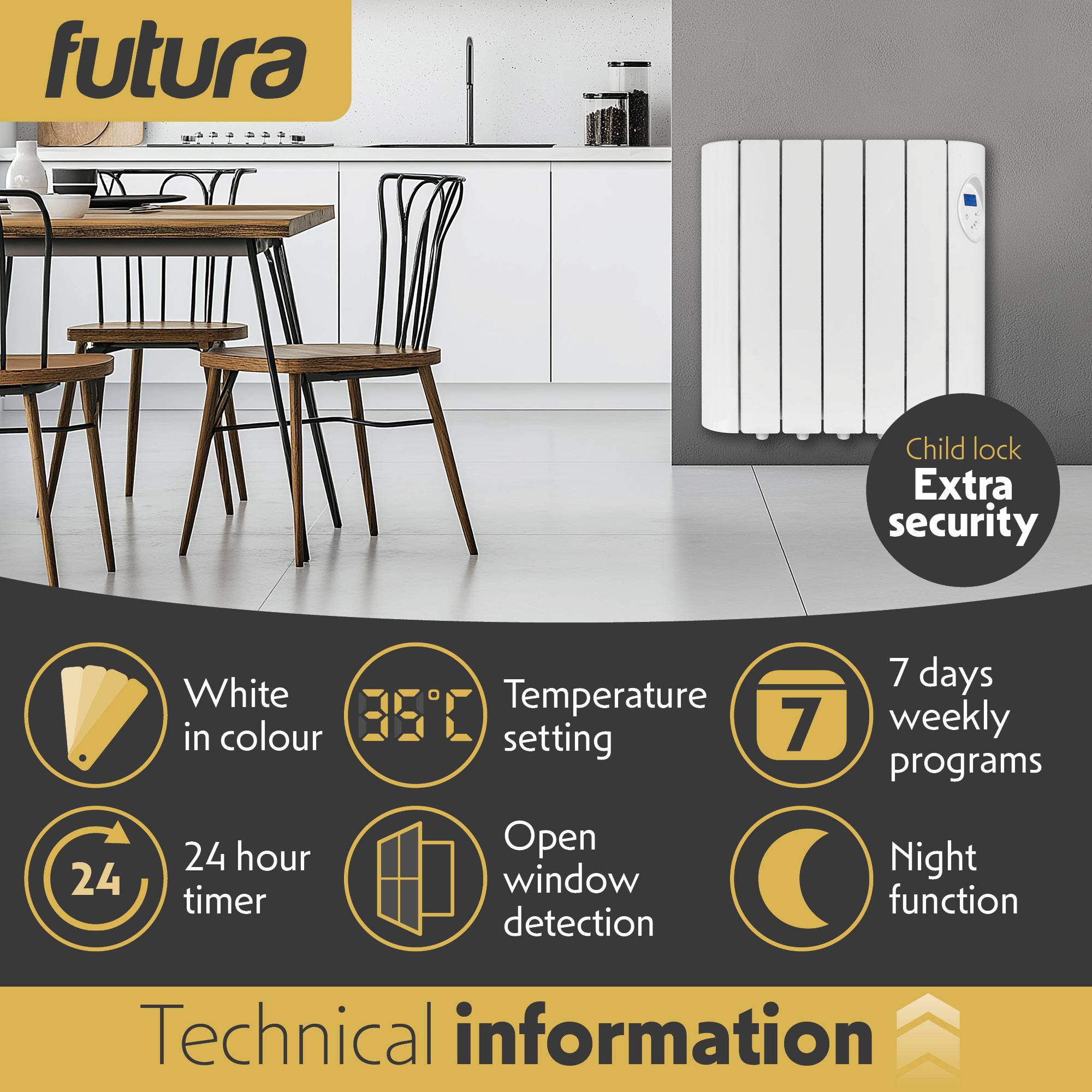 Futura 900W Wall Mounted Oil-Filled Electric Radiator 57cm - White - Image 3
