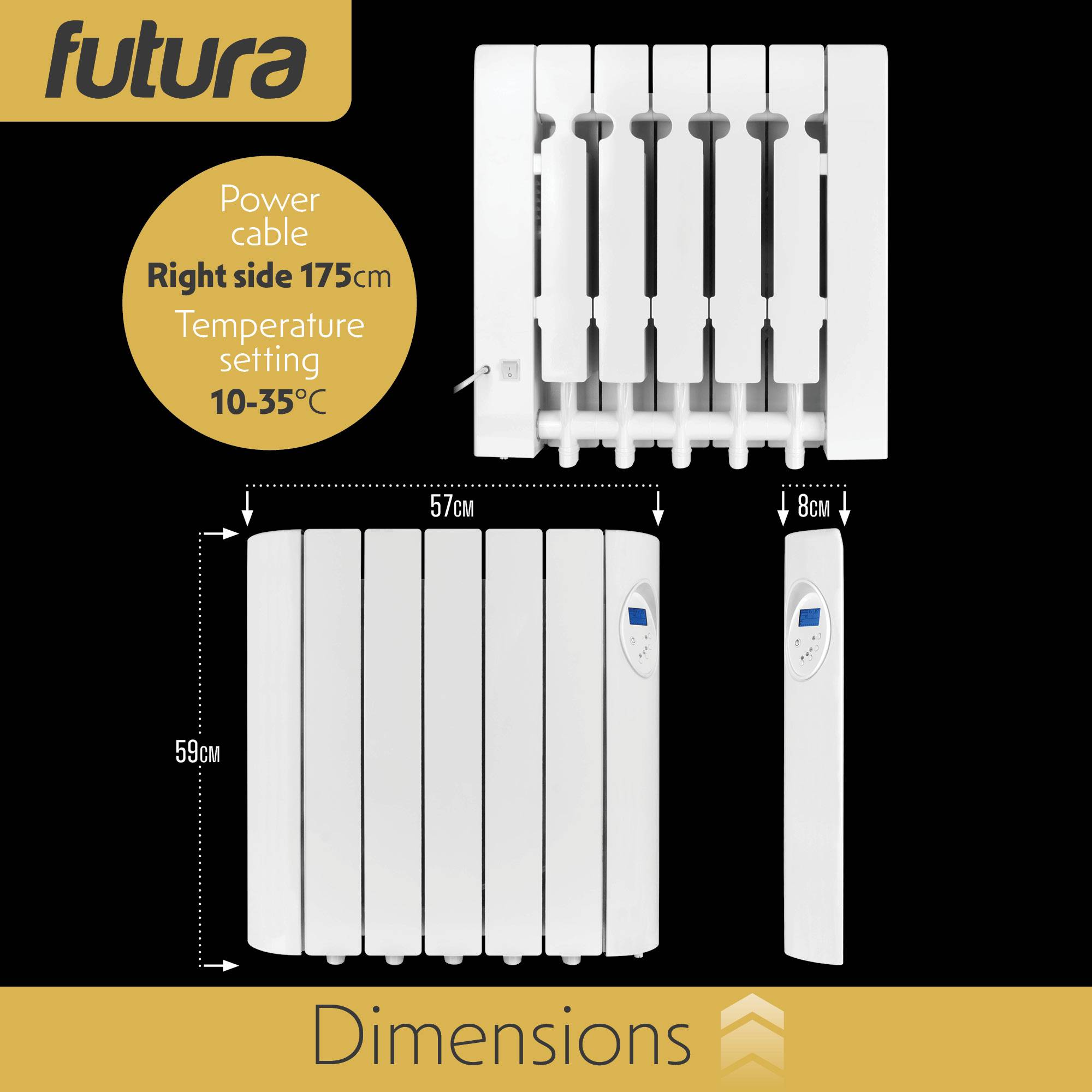 Futura 900W Wall Mounted Oil-Filled Electric Radiator 57cm - White - Image 5
