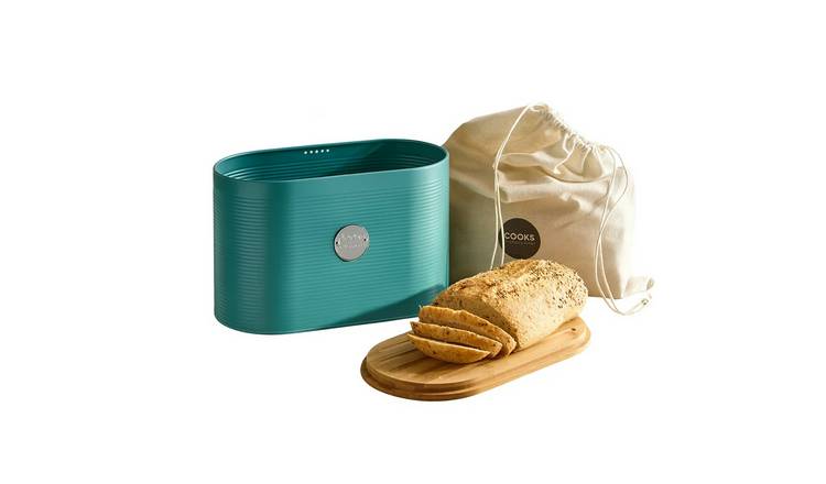 Cooks Professional Bread Bin, Linen Bag and Bamboo Board Set - Teal / Silver