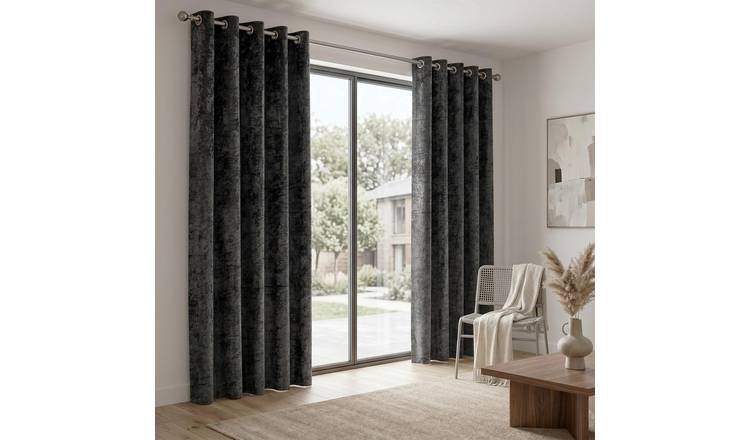 Luxury Living Crushed Velvet Lined Eyelet Curtains 117cm x 137cm - Charcoal