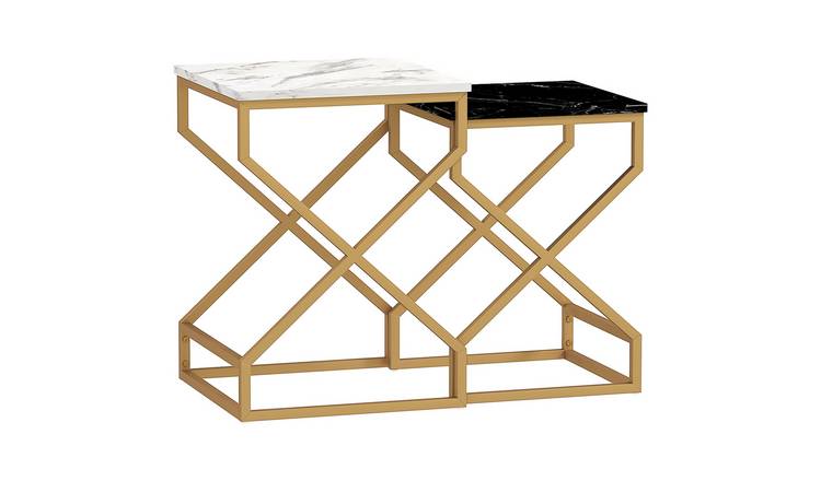 HOMCOM Set of 2 Nesting Tables with Marble Effect Tops - Black and White