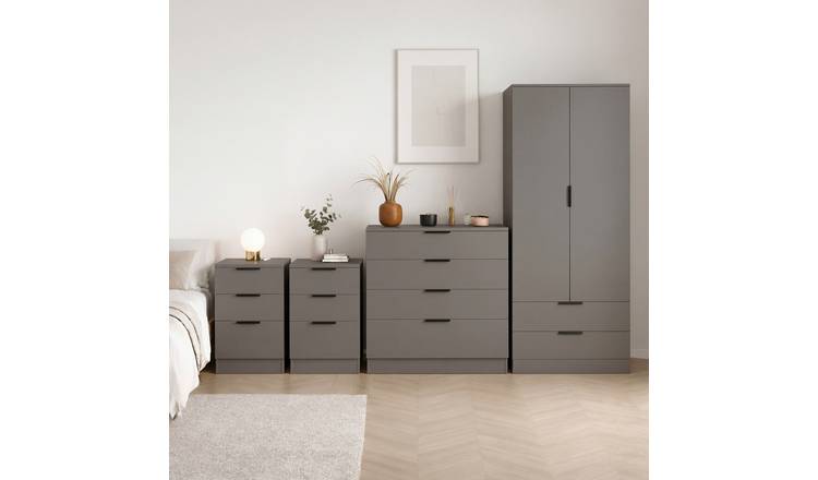 Vida Designs Trega Bedroom Set (Bedsides, 4 Drawer Chest, 2x2 Wardrobe) - Grey