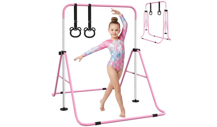 HOMCOM Adjustable Height Folding Hand Grips Non Slip Kids Gymnastics Bar - Pink